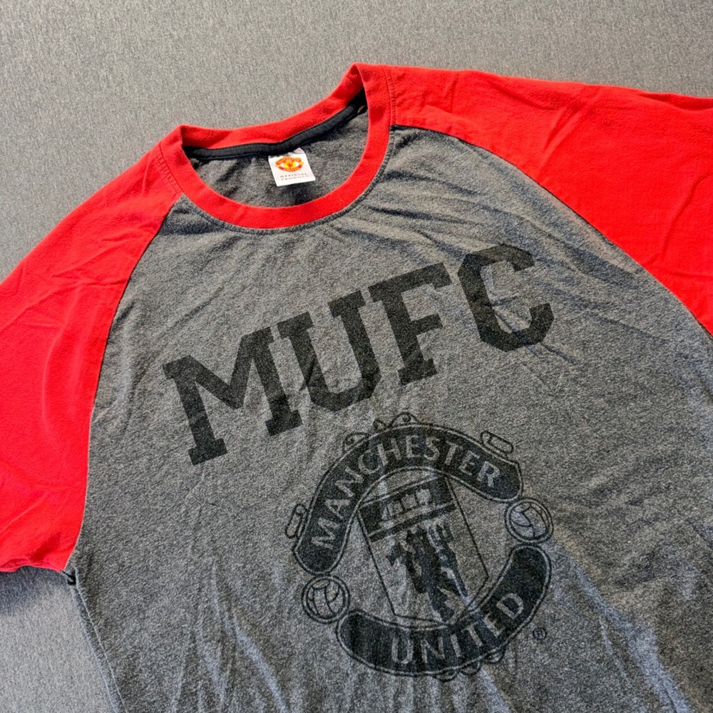 Manchester United FC MUFC Raglan T-Shirt Mens Large Gray Red Soccer Football Tee